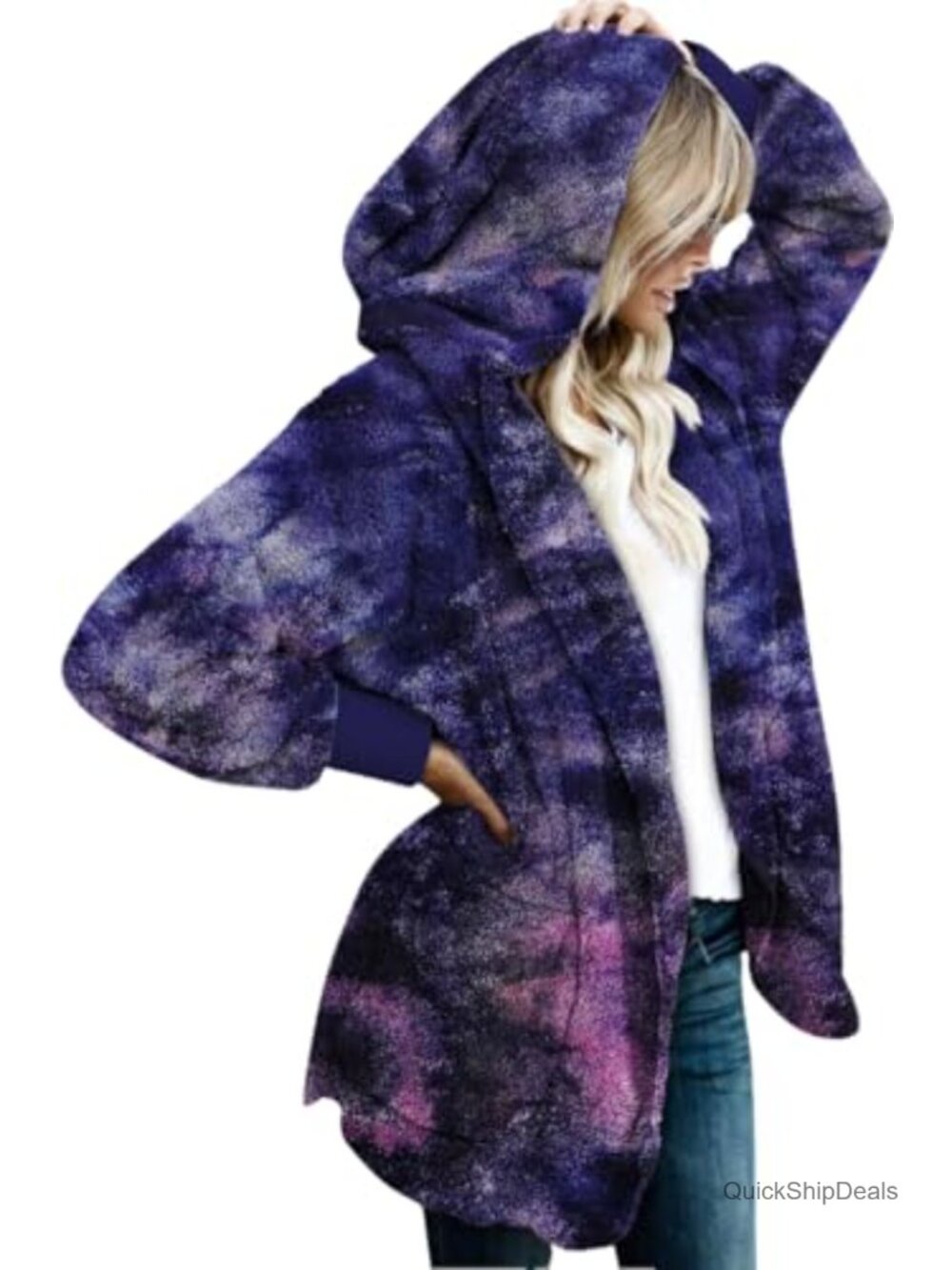 Womens Fuzzy Fleece Hooded Cardigan Open Front Sherpa Coat with Pockets